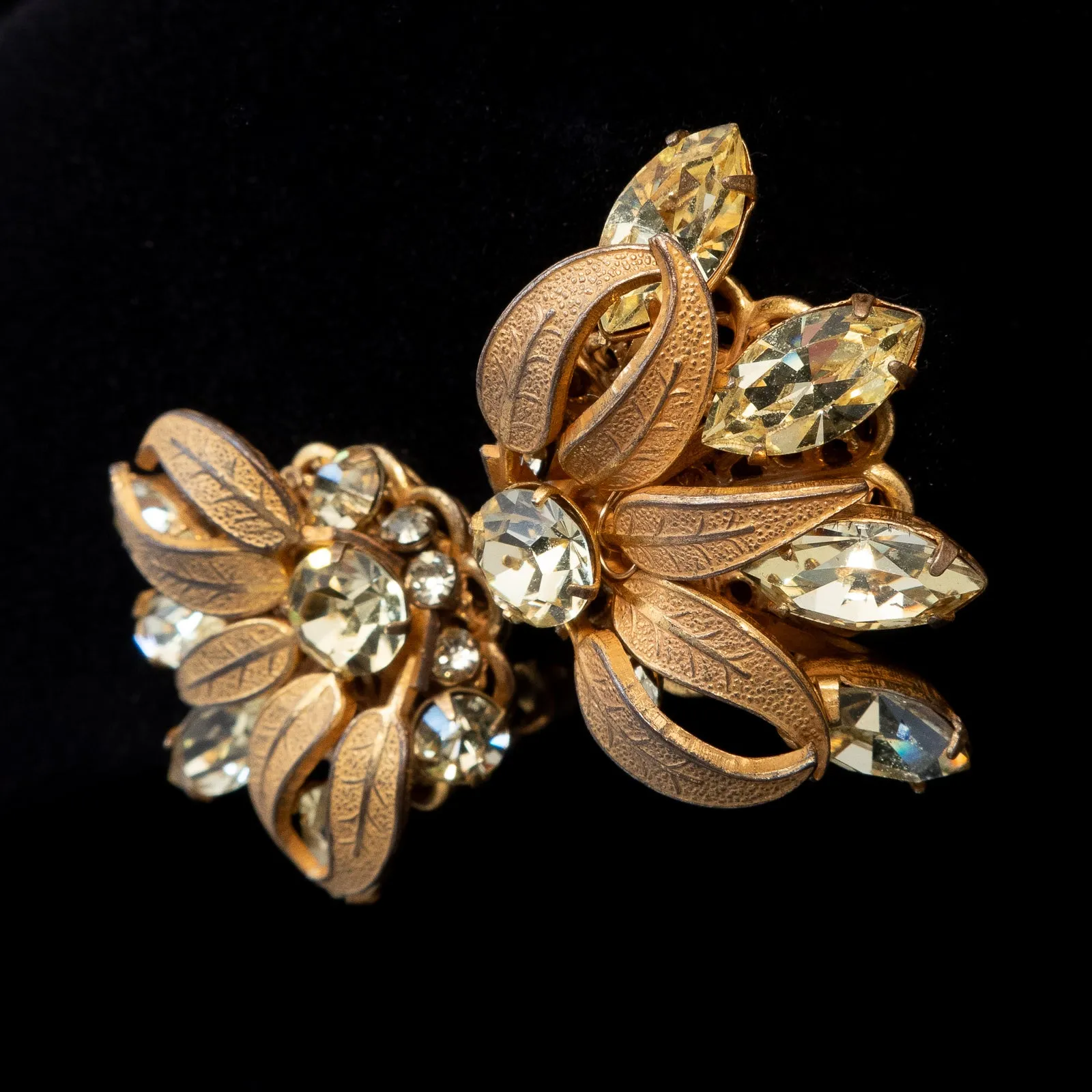 Miriam Haskell Yellow Rhinestone Flower Earrings