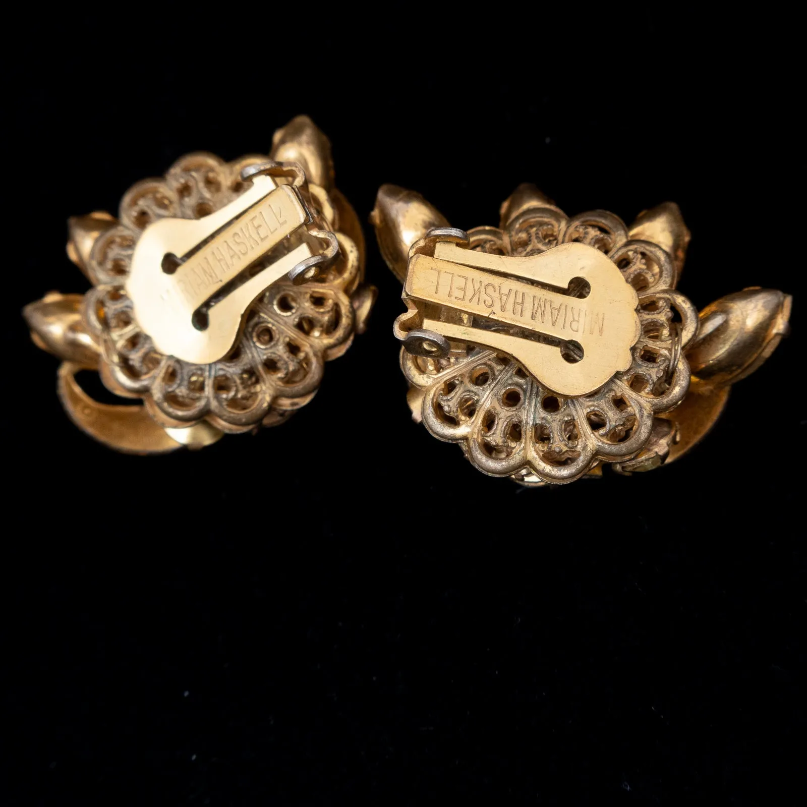 Miriam Haskell Yellow Rhinestone Flower Earrings