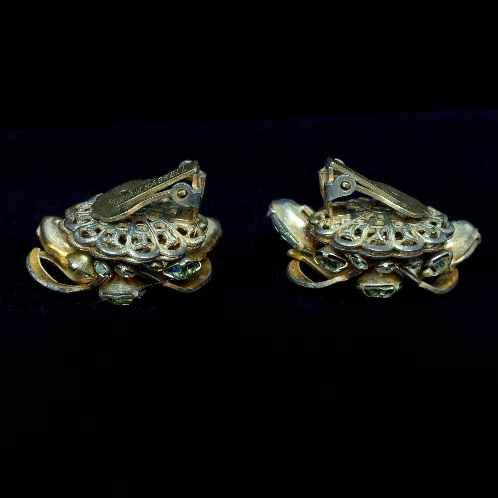 Miriam Haskell Yellow Rhinestone Flower Earrings