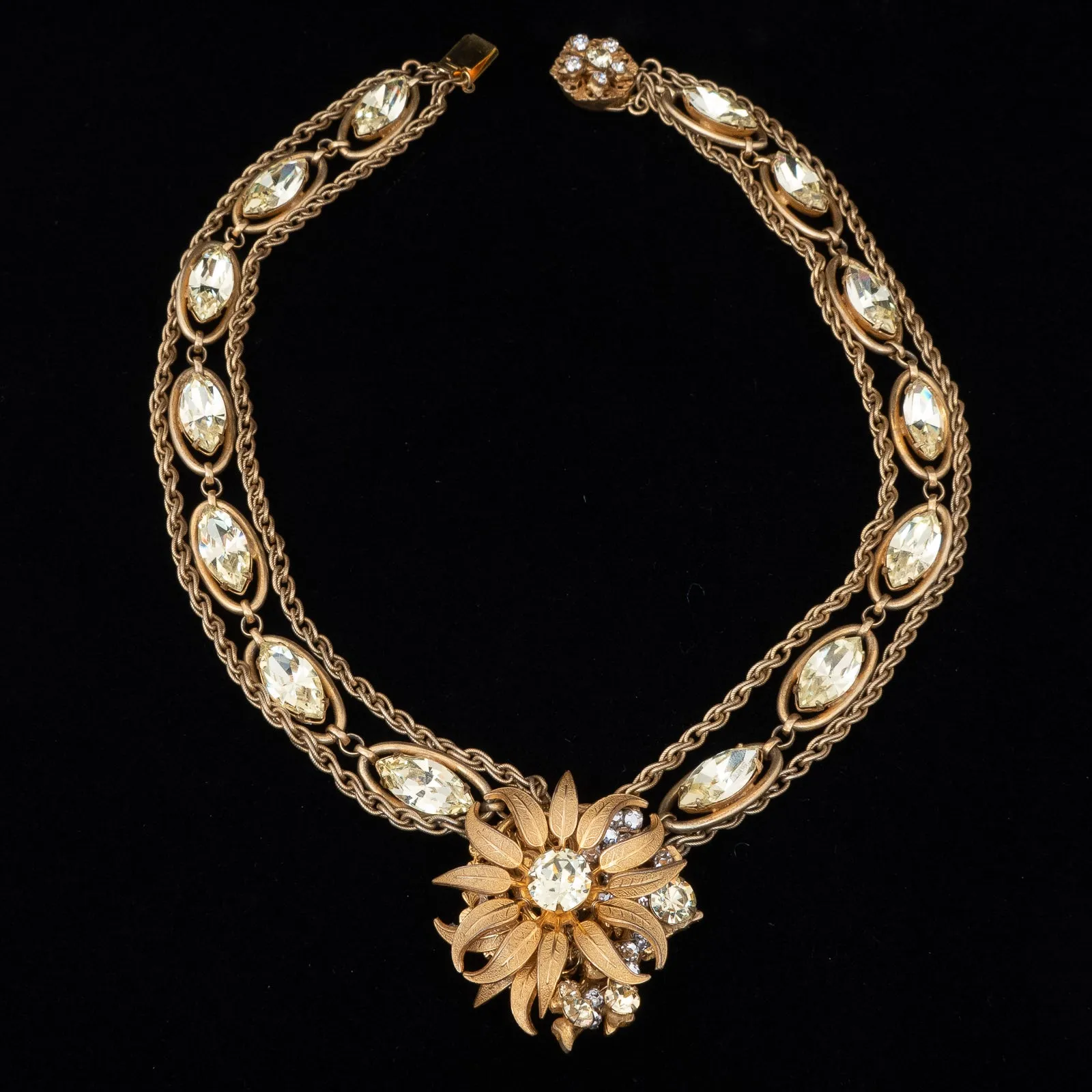 Miriam Haskell Yellow Rhinestone Flower Necklace