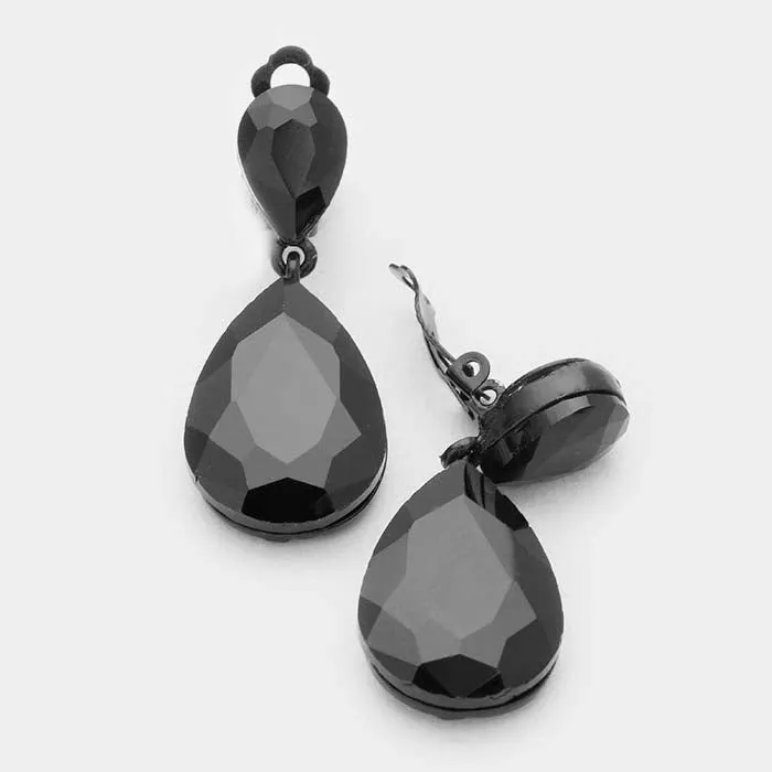 Miro Jet Black Crystal Teardrop Clip-On Earrings
