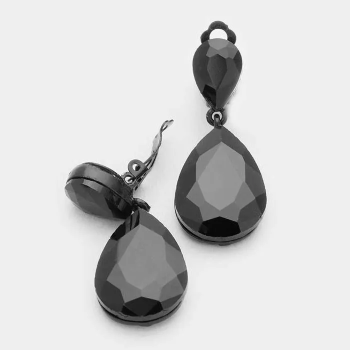 Miro Jet Black Crystal Teardrop Clip-On Earrings