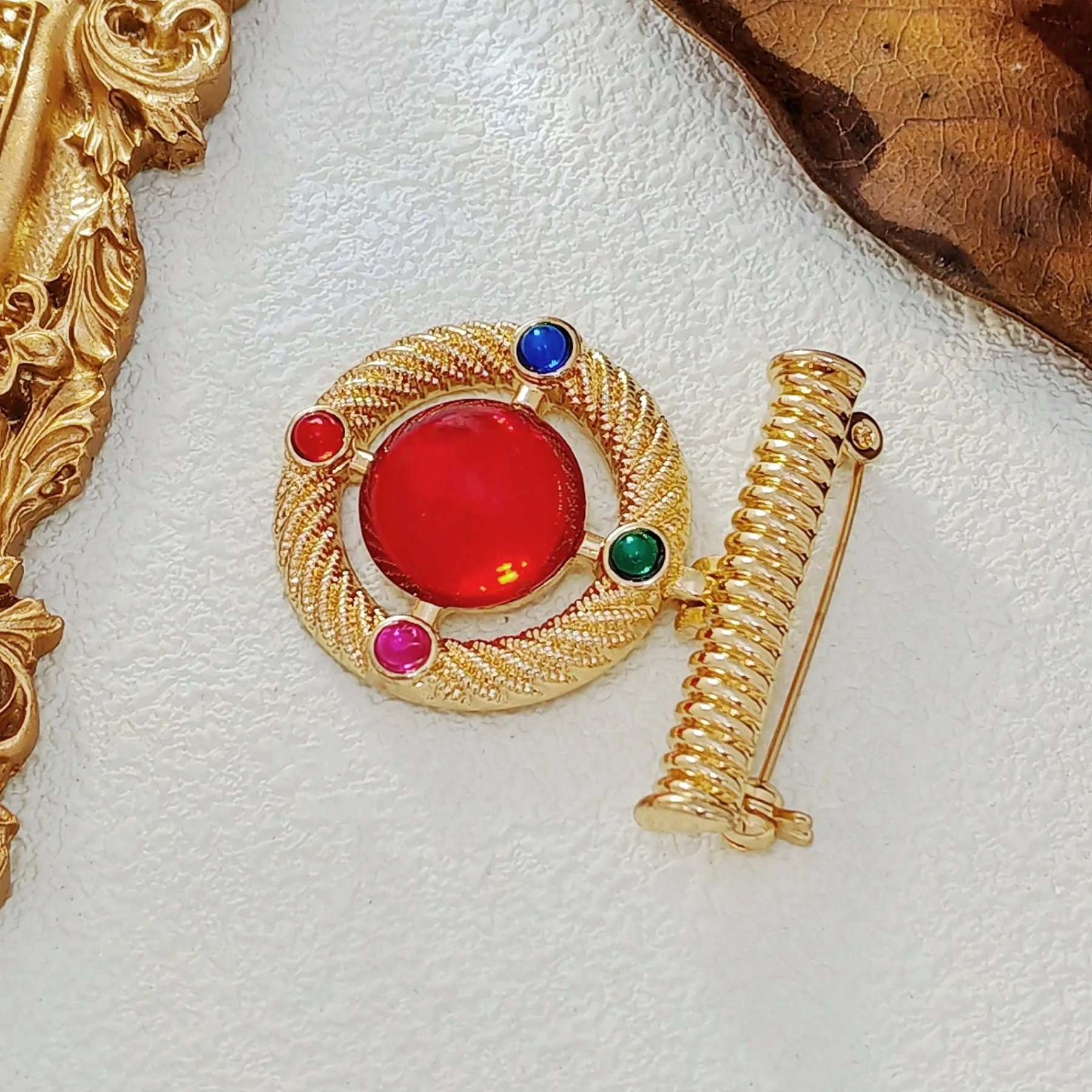 Modernist Gold Wrapped Bar & Red Round Stone Drop Brooch Pin Baroque Vintage Jewelry