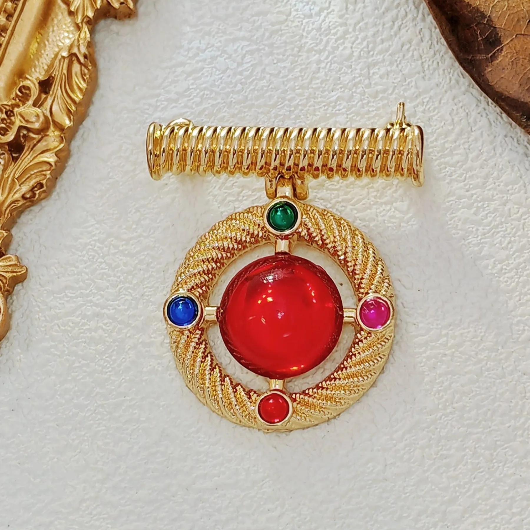 Modernist Gold Wrapped Bar & Red Round Stone Drop Brooch Pin Baroque Vintage Jewelry