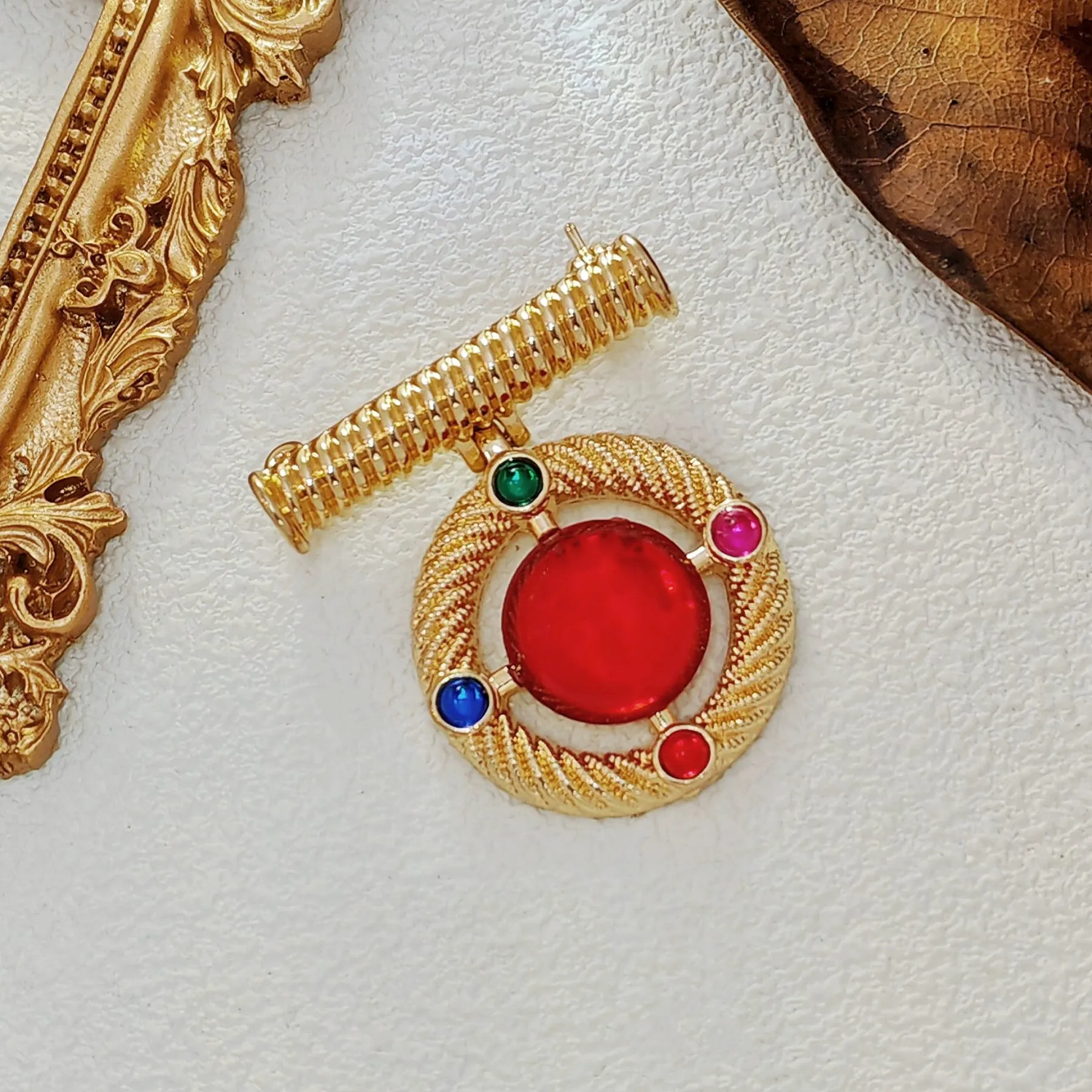 Modernist Gold Wrapped Bar & Red Round Stone Drop Brooch Pin Baroque Vintage Jewelry
