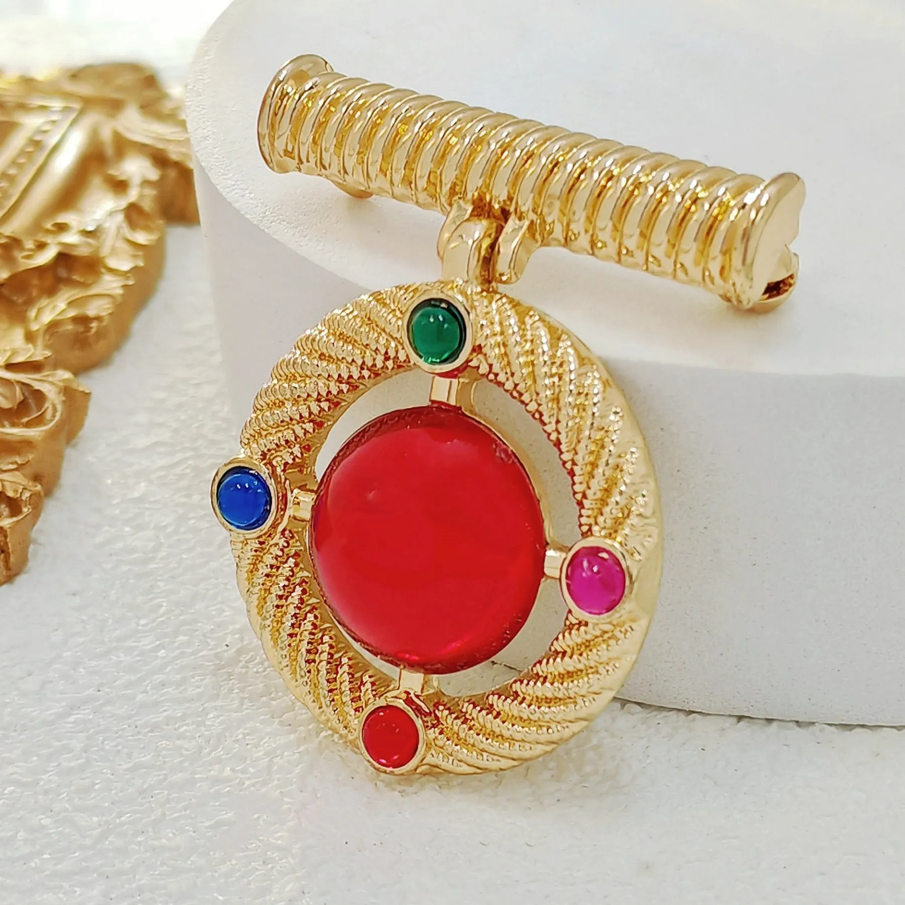 Modernist Gold Wrapped Bar & Red Round Stone Drop Brooch Pin Baroque Vintage Jewelry