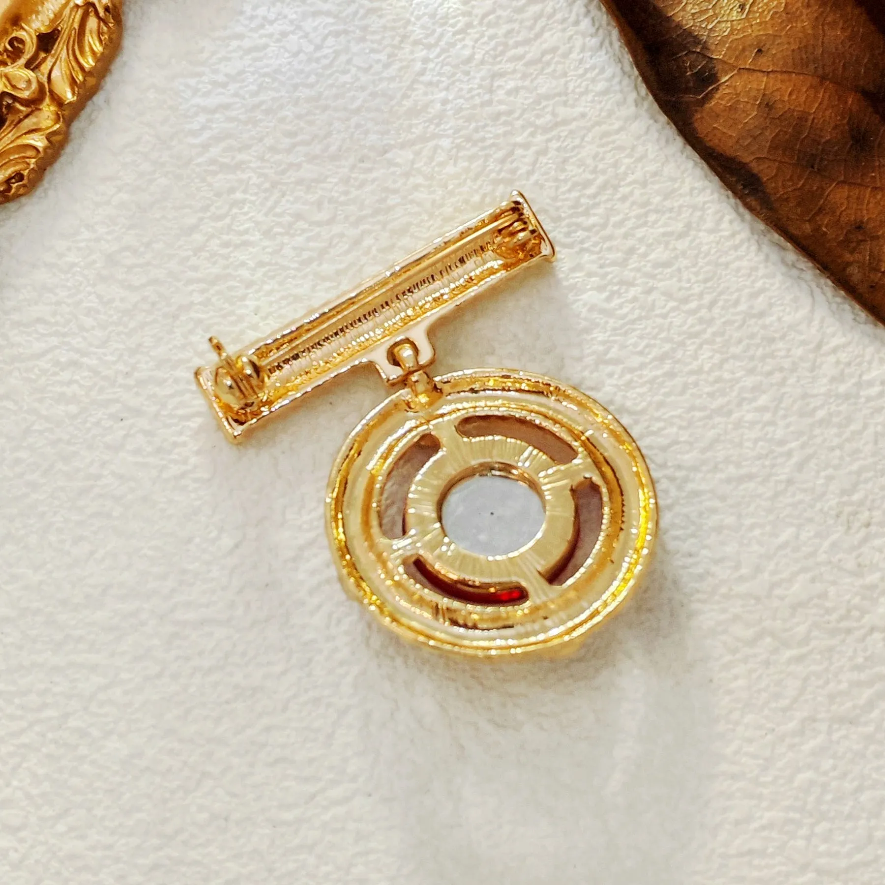 Modernist Gold Wrapped Bar & Red Round Stone Drop Brooch Pin Baroque Vintage Jewelry