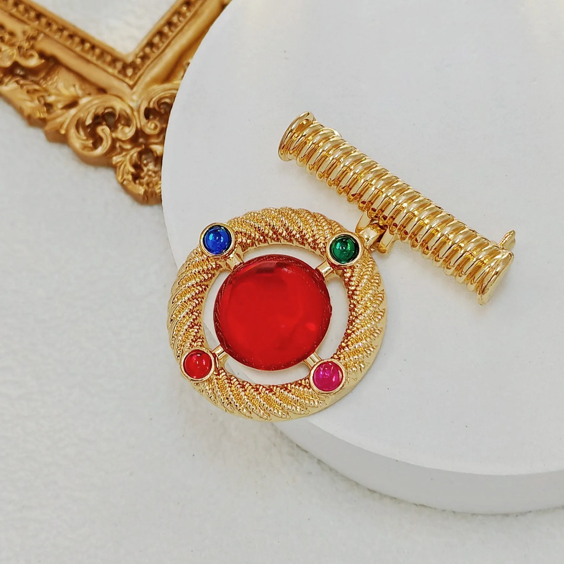 Modernist Gold Wrapped Bar & Red Round Stone Drop Brooch Pin Baroque Vintage Jewelry