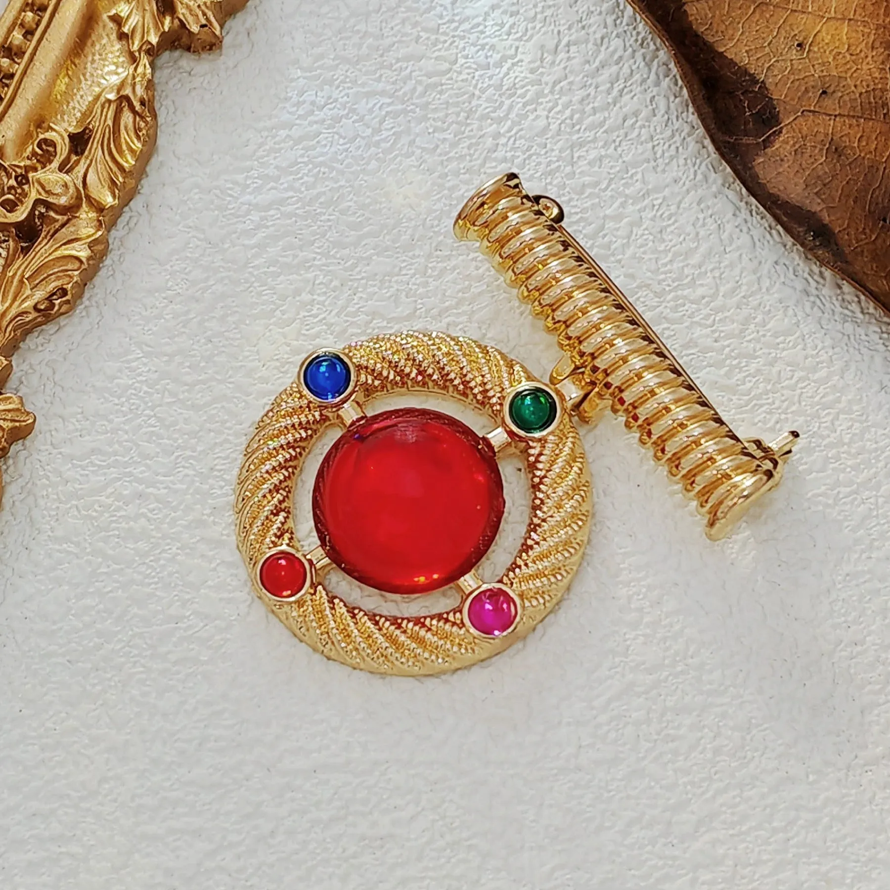 Modernist Gold Wrapped Bar & Red Round Stone Drop Brooch Pin Baroque Vintage Jewelry