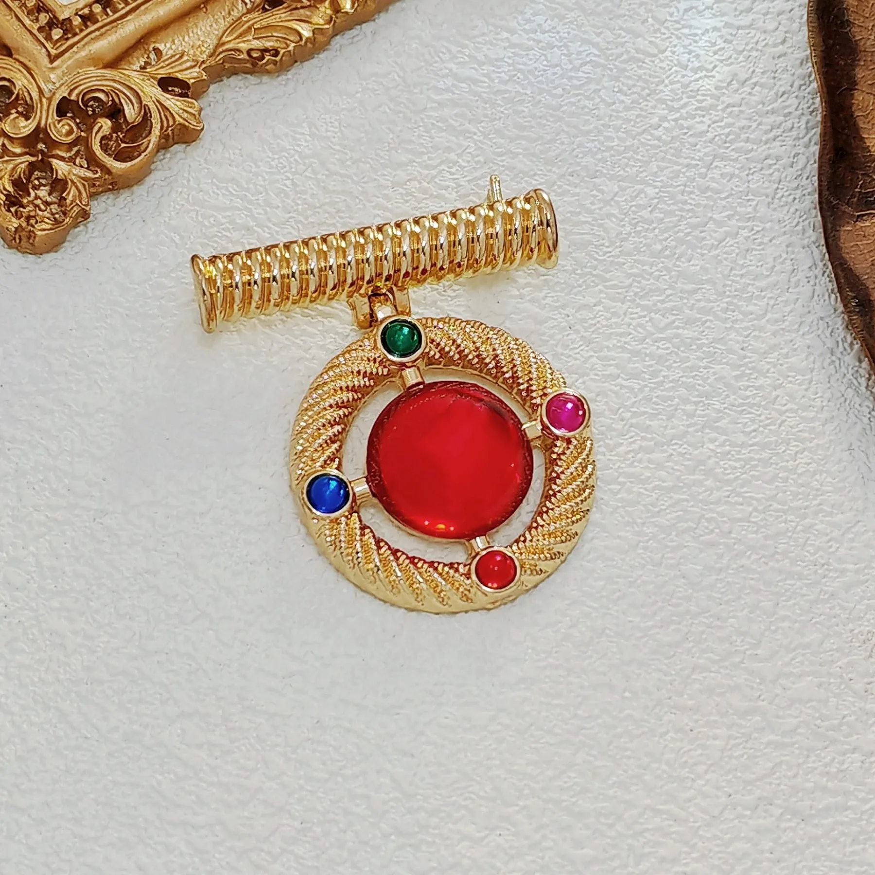 Modernist Gold Wrapped Bar & Red Round Stone Drop Brooch Pin Baroque Vintage Jewelry