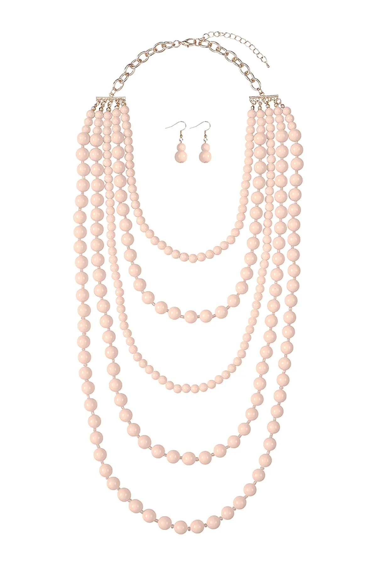 Multi Layered Beads Necklace and Earrings Set Light Brown - Pack of 6