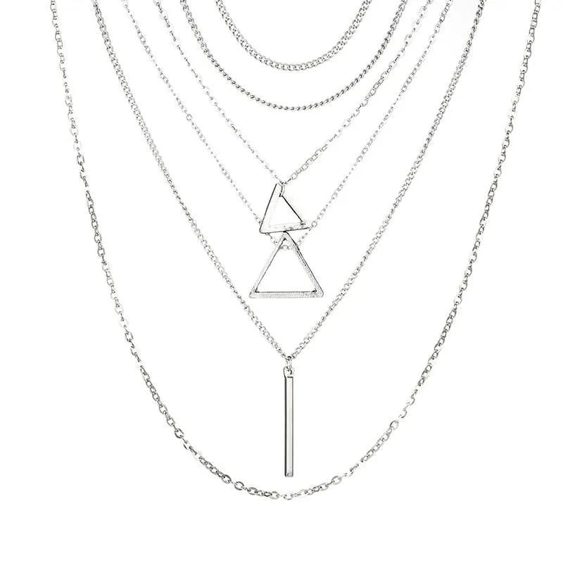 Multilayer Triangle Necklace with Vertical Bar and Chokers - High-Quality Zinc Alloy, Adjustable Chain