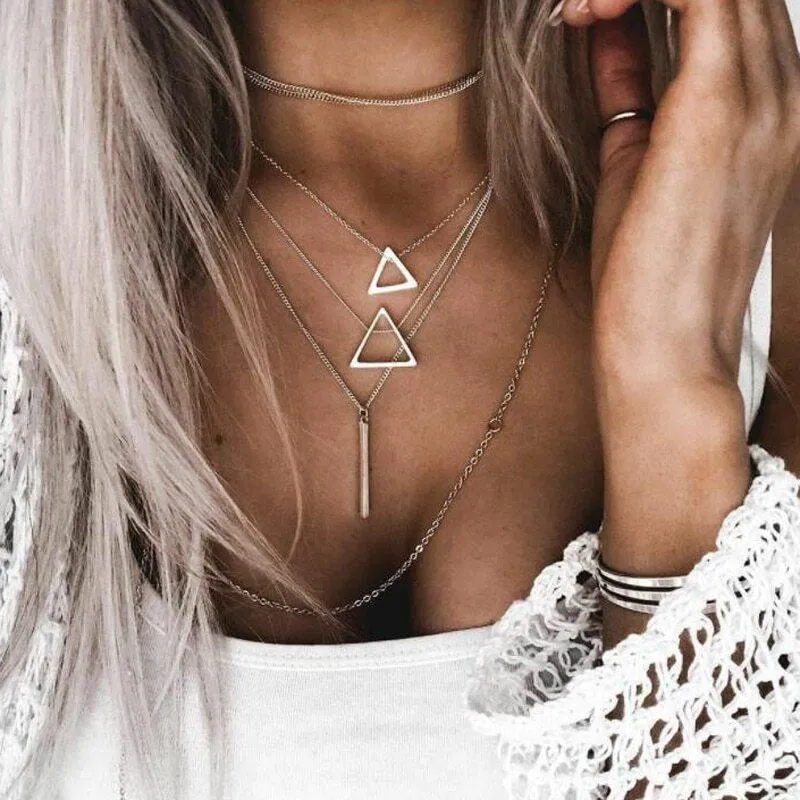 Multilayer Triangle Necklace with Vertical Bar and Chokers - High-Quality Zinc Alloy, Adjustable Chain