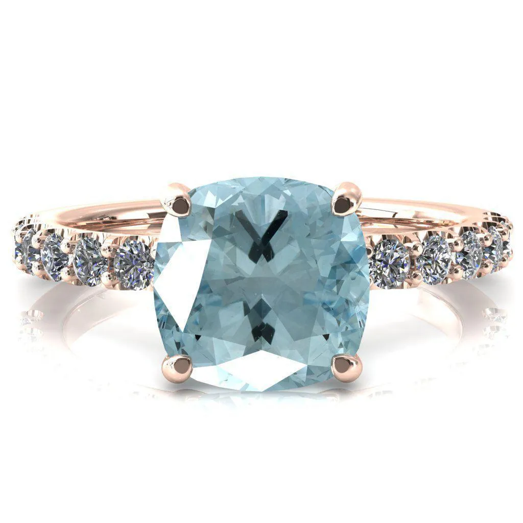 Mylene Cushion Aqua Blue Spinel 4 Prong Sculptural Half Eternity Diamond Engagement Ring
