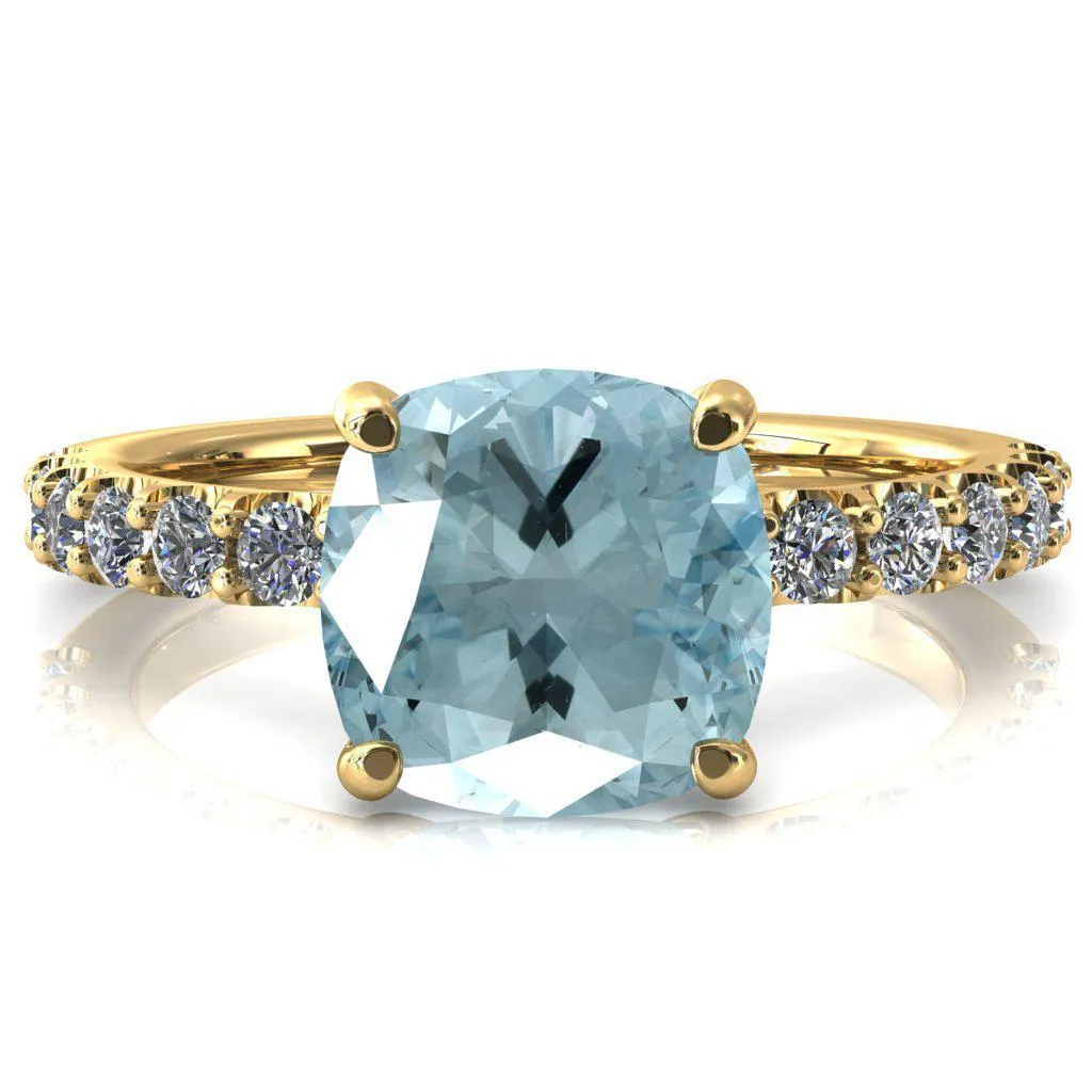 Mylene Cushion Aqua Blue Spinel 4 Prong Sculptural Half Eternity Diamond Engagement Ring