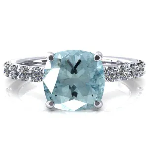 Mylene Cushion Aqua Blue Spinel 4 Prong Sculptural Half Eternity Diamond Engagement Ring