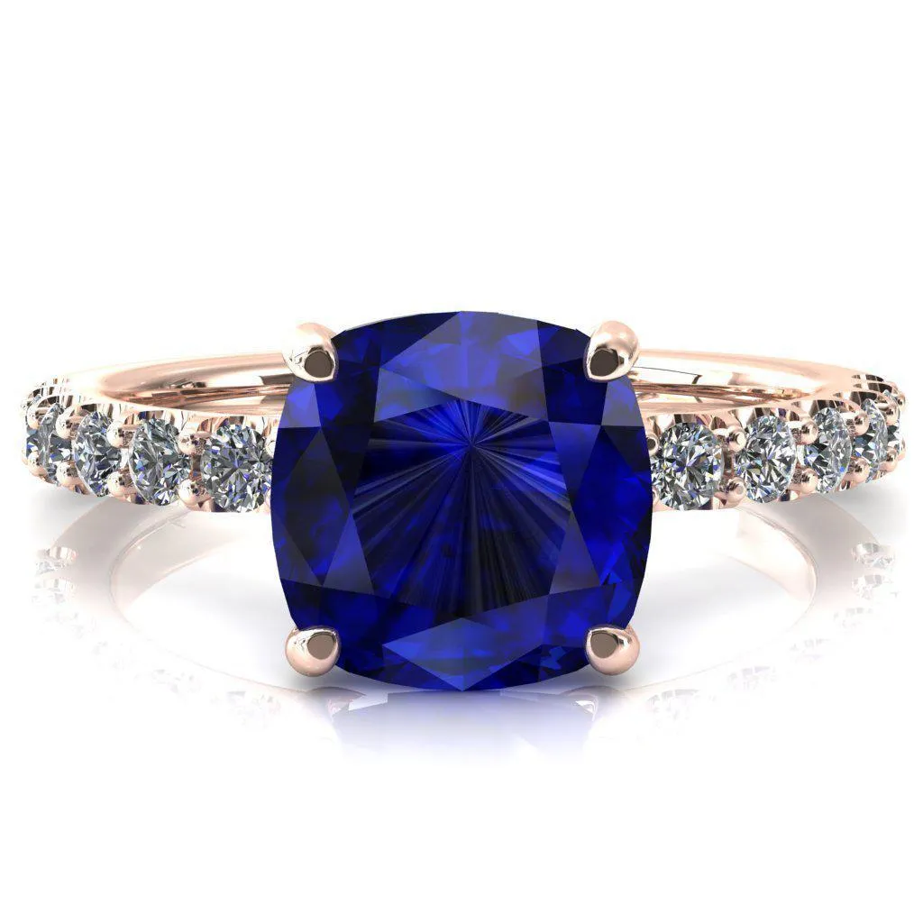 Mylene Cushion Blue Sapphire 4 Prong Sculptural Half Eternity Diamond Engagement Ring