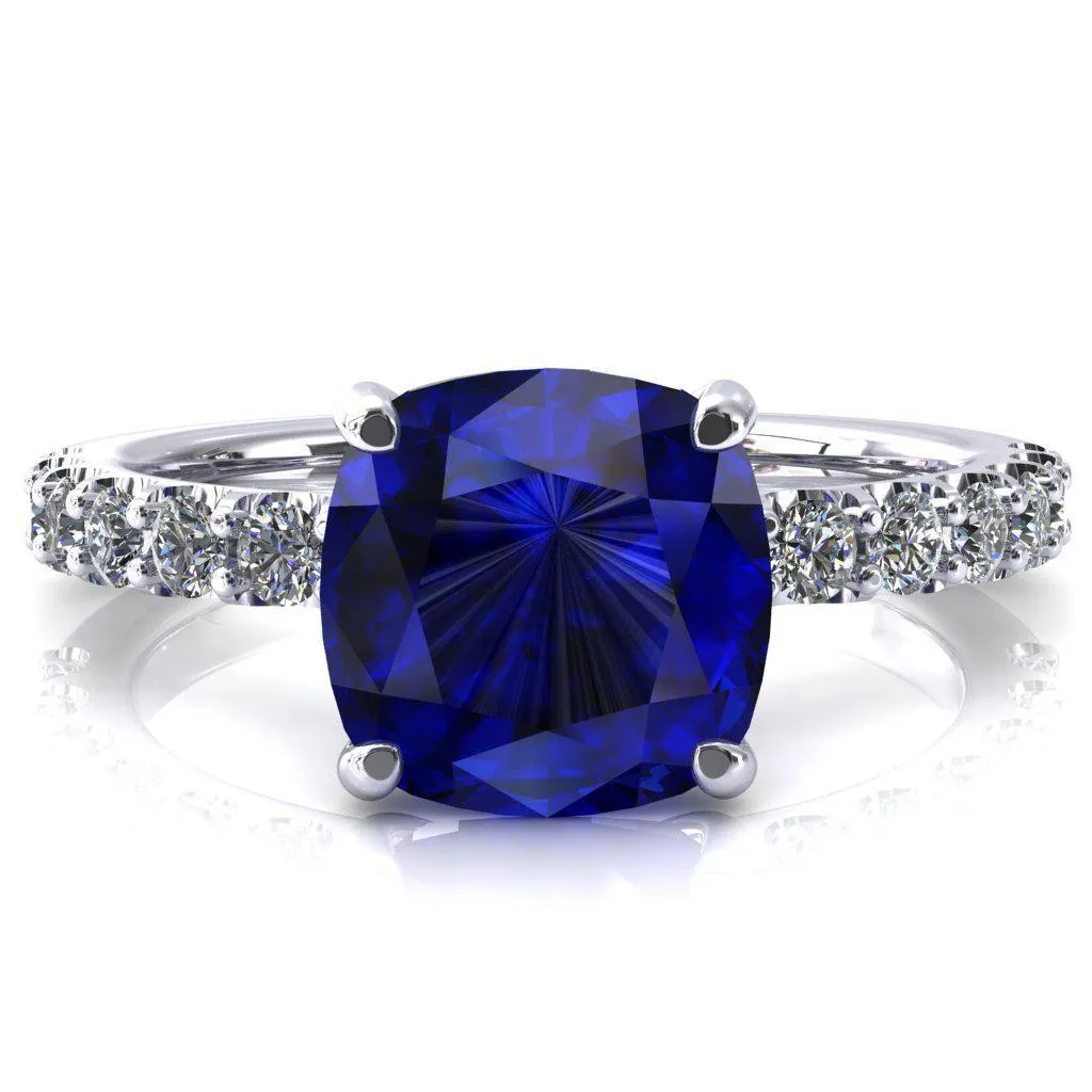 Mylene Cushion Blue Sapphire 4 Prong Sculptural Half Eternity Diamond Engagement Ring