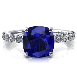Mylene Cushion Blue Sapphire 4 Prong Sculptural Half Eternity Diamond Engagement Ring