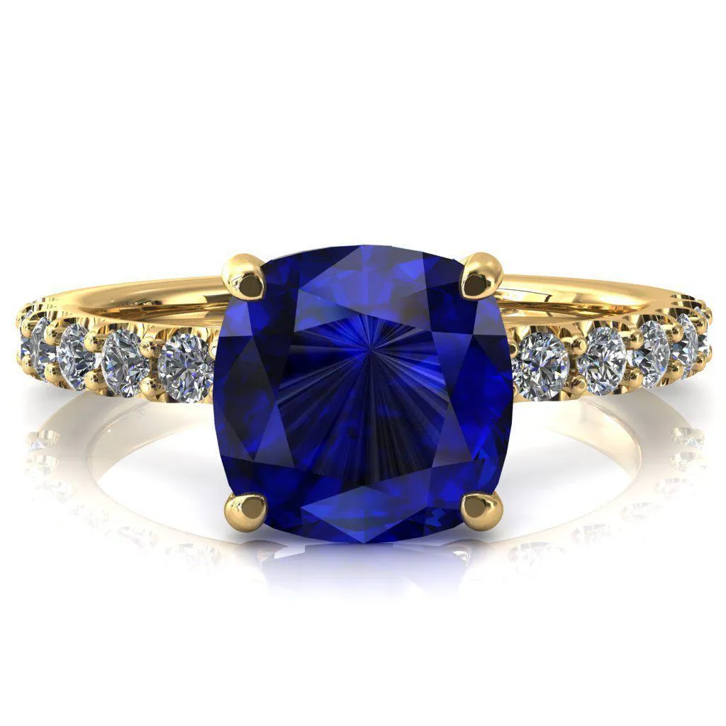 Mylene Cushion Blue Sapphire 4 Prong Sculptural Half Eternity Diamond Engagement Ring