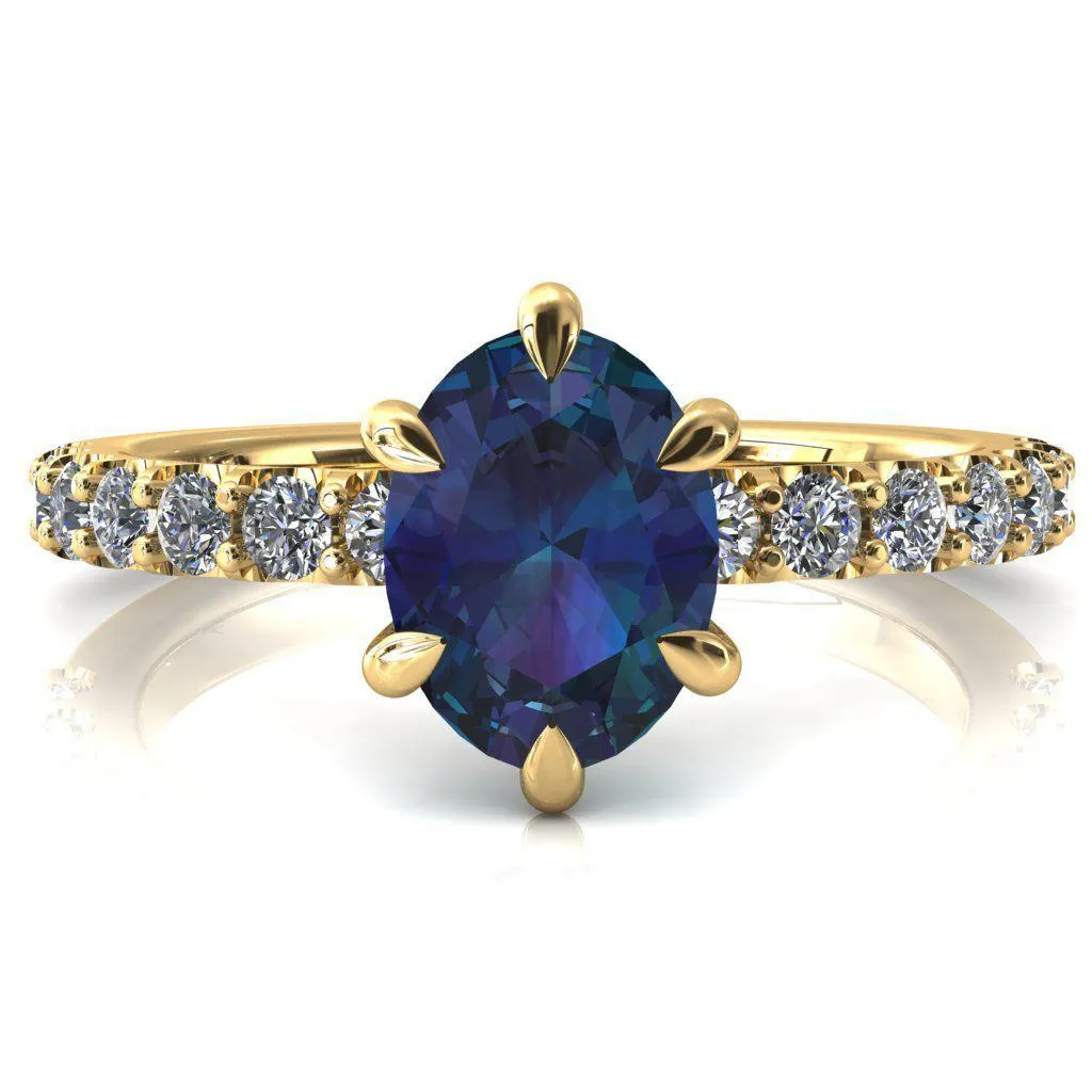 Mylene Oval Alexandrite 6 Prong Sculptural Half Eternity Diamond Engagement Ring