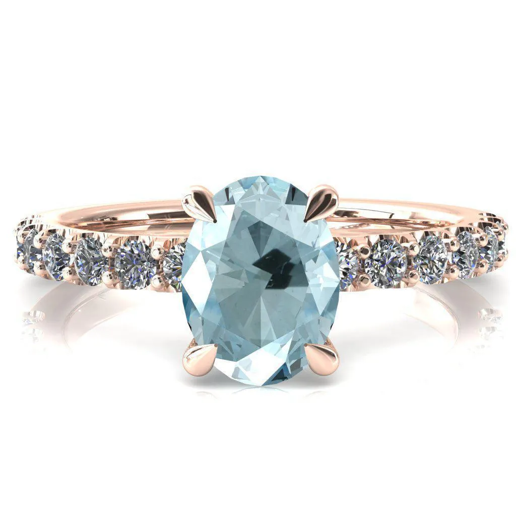 Mylene Oval Aqua Blue Spinel 4 Prong Sculptural Half Eternity Diamond Engagement Ring
