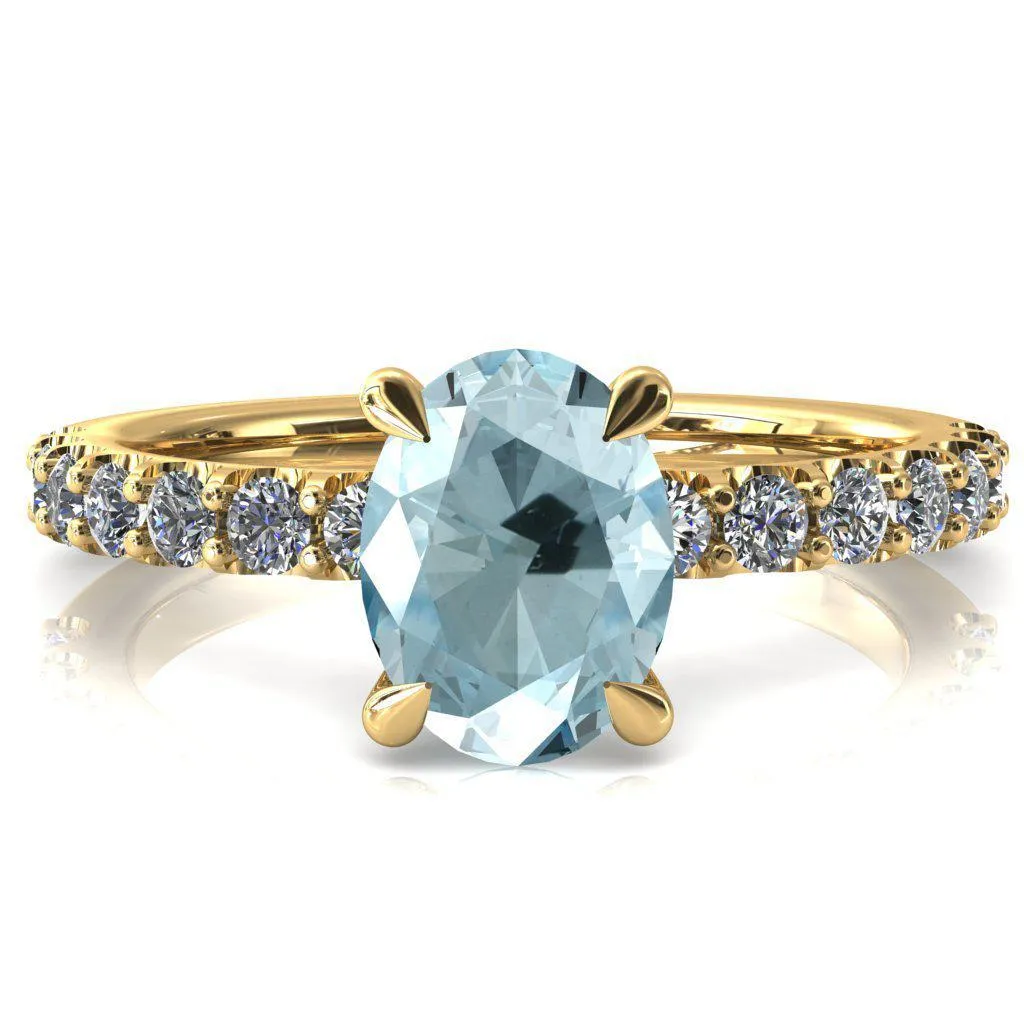 Mylene Oval Aqua Blue Spinel 4 Prong Sculptural Half Eternity Diamond Engagement Ring