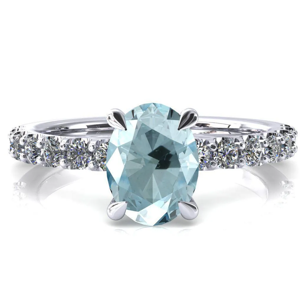 Mylene Oval Aqua Blue Spinel 4 Prong Sculptural Half Eternity Diamond Engagement Ring