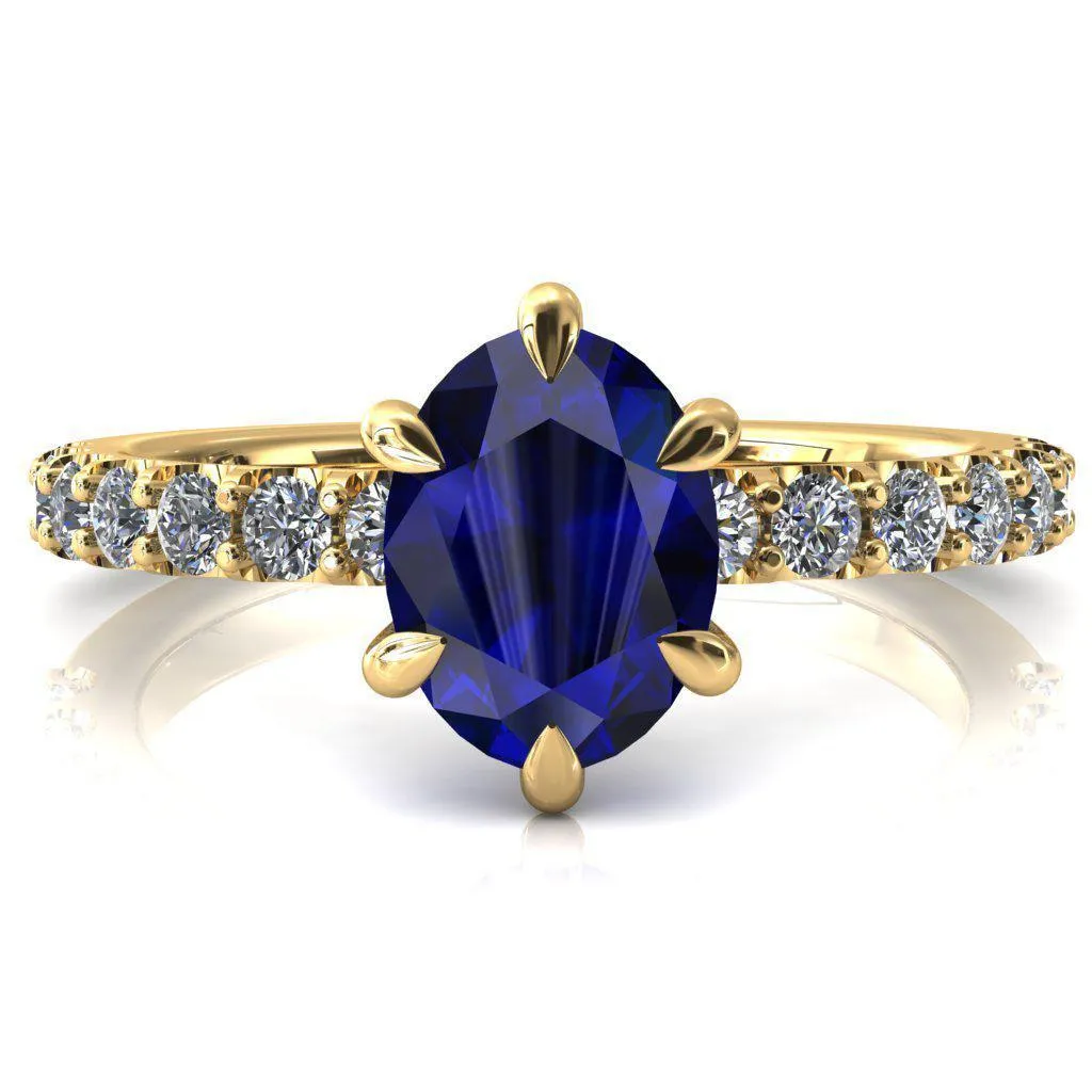 Mylene Oval Blue Sapphire 6 Prong Sculptural Half Eternity Diamond Engagement Ring