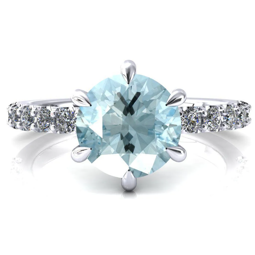 Mylene Round Aqua Blue Spinel 6 Prong Sculptural Half Eternity Diamond Engagement Ring