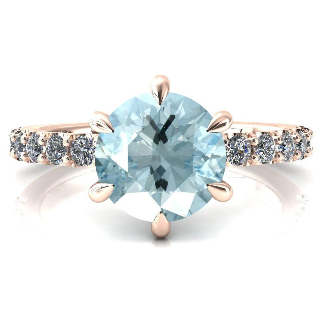 Mylene Round Aqua Blue Spinel 6 Prong Sculptural Half Eternity Diamond Engagement Ring