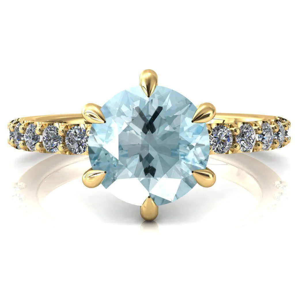 Mylene Round Aqua Blue Spinel 6 Prong Sculptural Half Eternity Diamond Engagement Ring