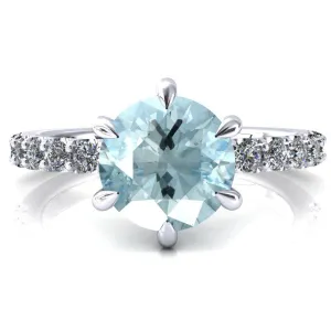 Mylene Round Aqua Blue Spinel 6 Prong Sculptural Half Eternity Diamond Engagement Ring
