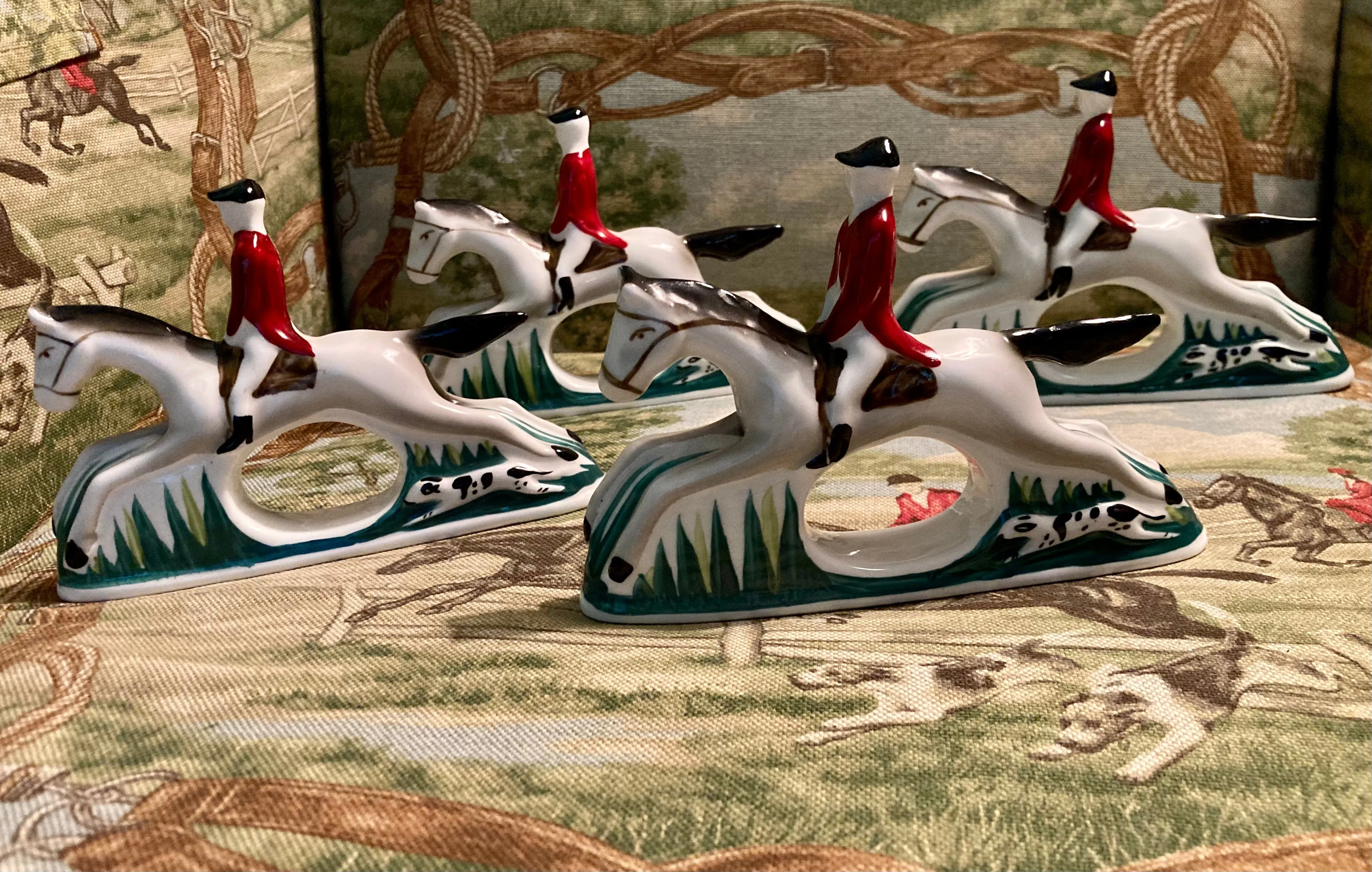 Napkin Rings Vintage Bone China Mounted Fox Hunters on Gray Horses