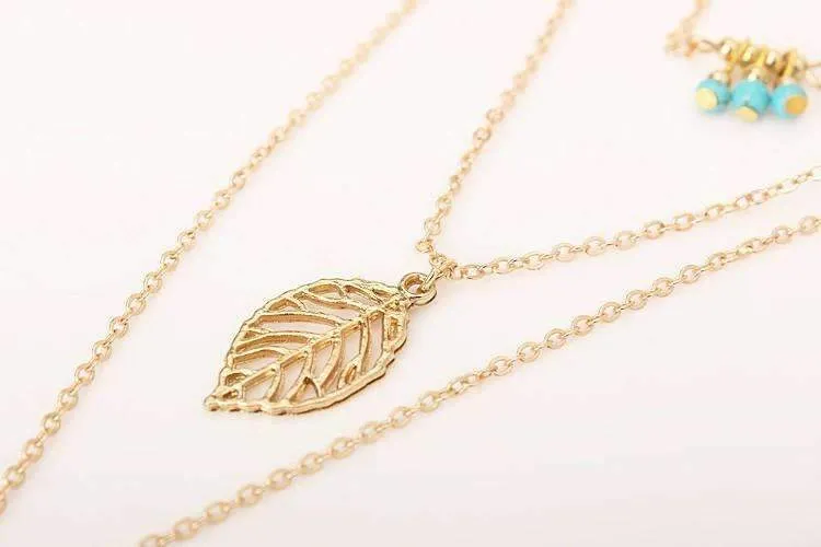 Natural Turquoise Layer Necklace - Triple Layer with Feather Design, 17.5" to 27.5" Lengths