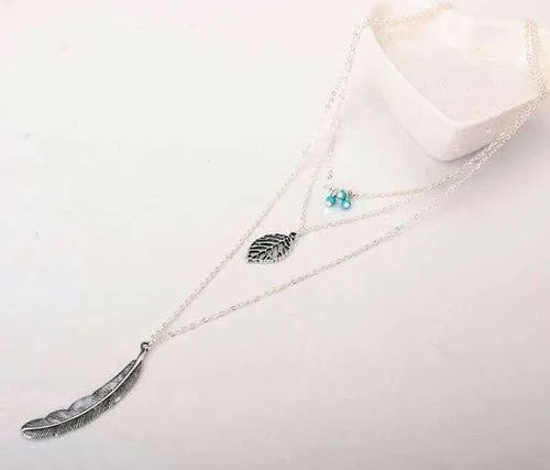 Natural Turquoise Layer Necklace - Triple Layer with Feather Design, 17.5" to 27.5" Lengths