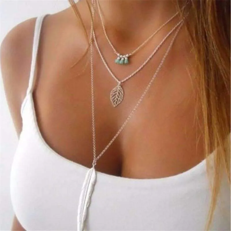 Natural Turquoise Layer Necklace - Triple Layer with Feather Design, 17.5" to 27.5" Lengths