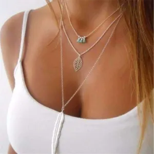 Natural Turquoise Layer Necklace - Triple Layer with Feather Design, 17.5" to 27.5" Lengths