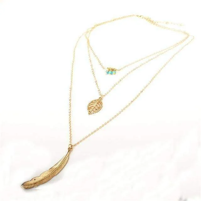 Natural Turquoise Layer Necklace - Triple Layer with Feather Design, 17.5" to 27.5" Lengths