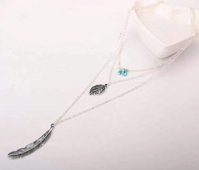 Natural Turquoise Layer Necklace - Triple Layer with Feather Design, 17.5" to 27.5" Lengths