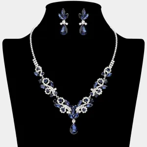 Navy Crystal Stones Surrounded by Rhinestones Earrings and Necklace Set| Prom Jewelry |  646184
