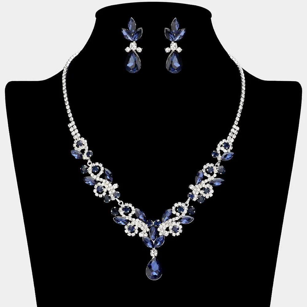 Navy Crystal Stones Surrounded by Rhinestones Earrings and Necklace Set| Prom Jewelry |  646184