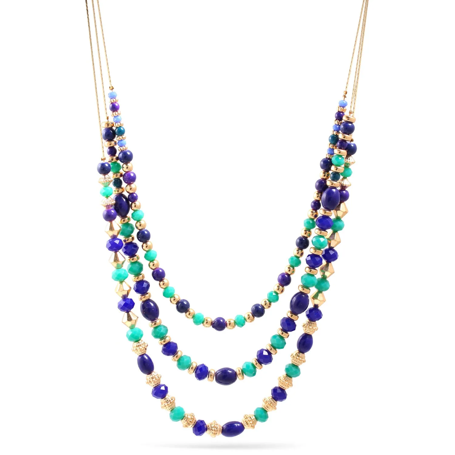 NAVY TURQUOISE AND GOLD BEADS LAYER  NECKLACE #N14801 GLD BLUE
