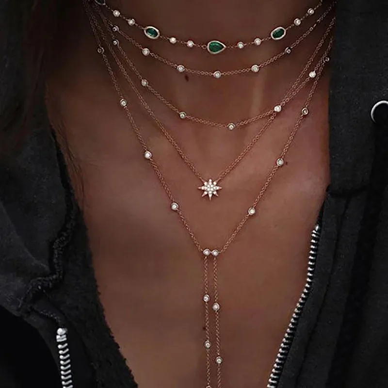 New 2024 Geometry Star Moon Lock Necklace Multi Layer Fashion Necklace Boho Multi-Level Pendants Necklaces Chokers Bohemian Jewelry
