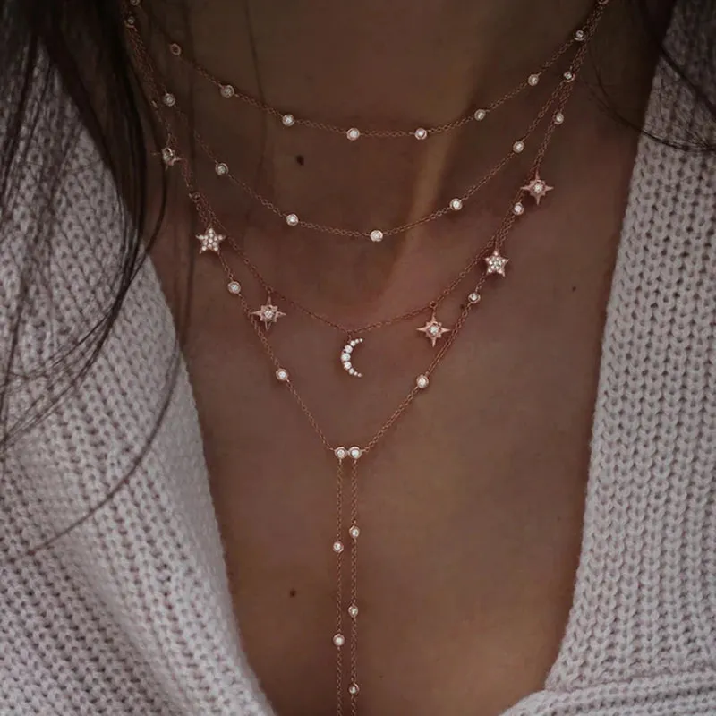 New 2024 Geometry Star Moon Lock Necklace Multi Layer Fashion Necklace Boho Multi-Level Pendants Necklaces Chokers Bohemian Jewelry