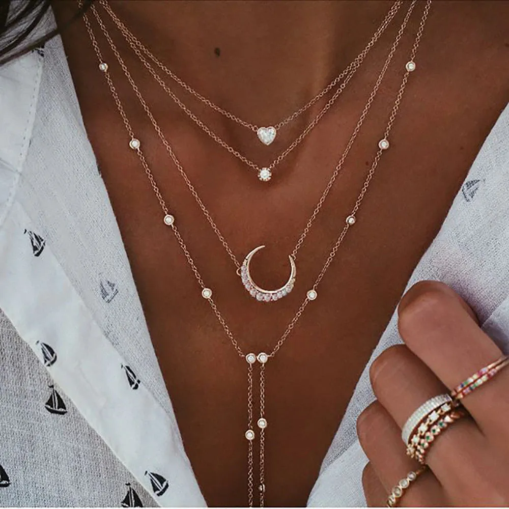 New 2024 Geometry Star Moon Lock Necklace Multi Layer Fashion Necklace Boho Multi-Level Pendants Necklaces Chokers Bohemian Jewelry