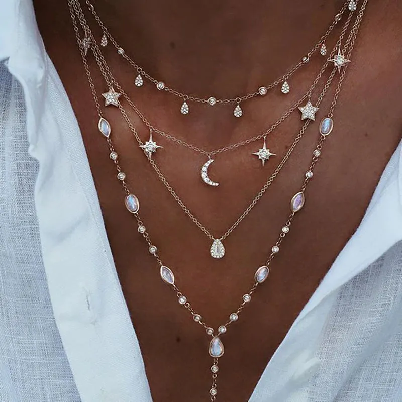 New 2024 Geometry Star Moon Lock Necklace Multi Layer Fashion Necklace Boho Multi-Level Pendants Necklaces Chokers Bohemian Jewelry