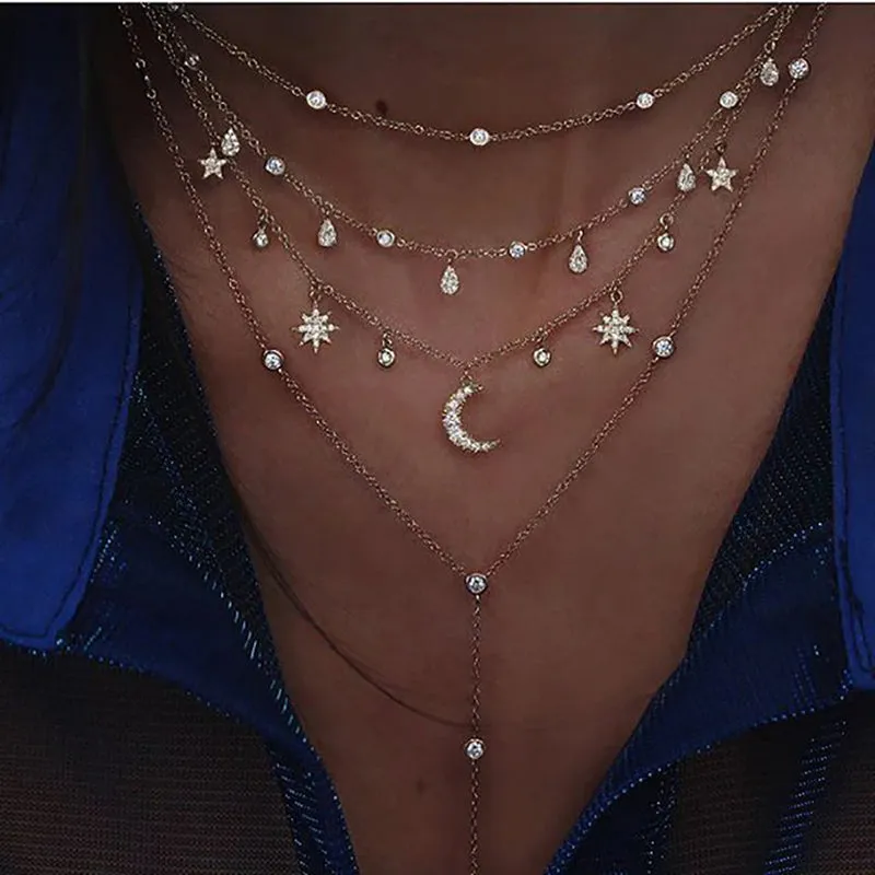 New 2024 Geometry Star Moon Lock Necklace Multi Layer Fashion Necklace Boho Multi-Level Pendants Necklaces Chokers Bohemian Jewelry