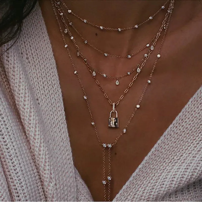 New 2024 Geometry Star Moon Lock Necklace Multi Layer Fashion Necklace Boho Multi-Level Pendants Necklaces Chokers Bohemian Jewelry