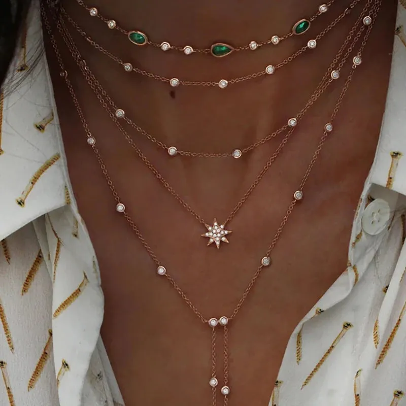 New 2024 Geometry Star Moon Lock Necklace Multi Layer Fashion Necklace Boho Multi-Level Pendants Necklaces Chokers Bohemian Jewelry